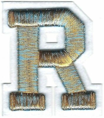 3D Metallic Blue Gold Letter R Patch with Felt Border Iron-On Alphabet Monogram