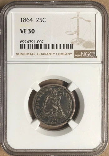 1864 NGC VF30 Liberty Seated Quarter 25c