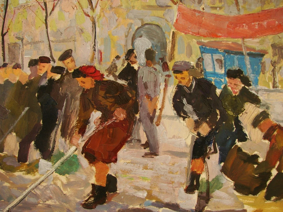 Pintura al óleo soviética ucraniana impresionismo realismo comunista subbotnik limpieza Foto 2 de 4