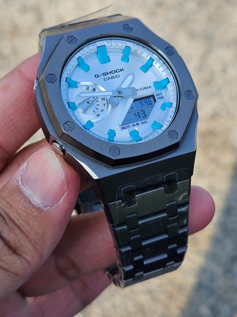 [美品]G-SHOCK カスタム　GA2100 Custom Mod G-Shock GA-2100 Stainless Steel Silver & Blue