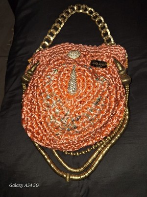 Atina Jebelle Handcrafted Truly Inspired Handbag Peach Silver Gold Rhinestones +