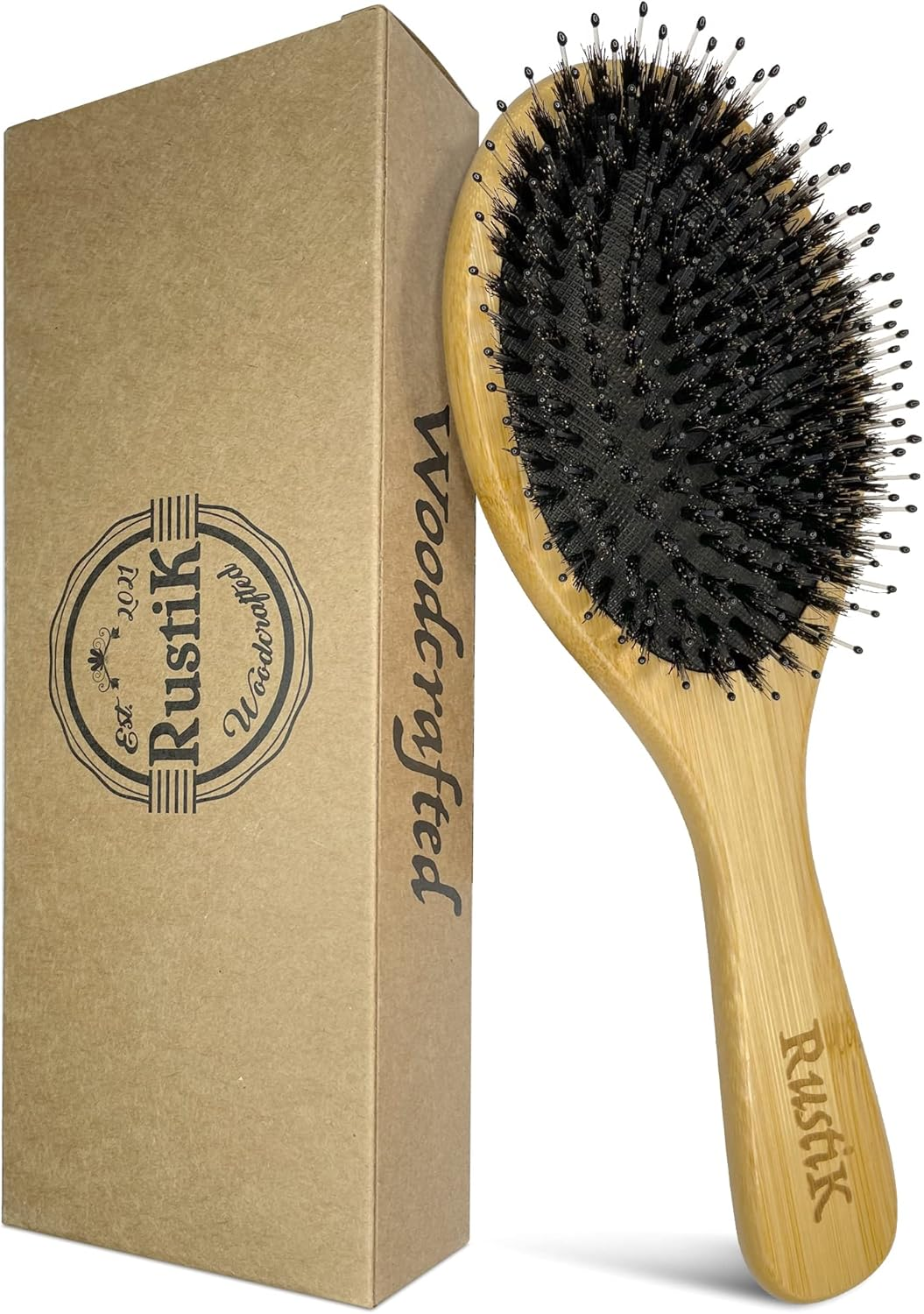 Boar Bristle Oval Hair Brush by , Bamboo, Eco Friendly, Detangling, Nylon Soft P
