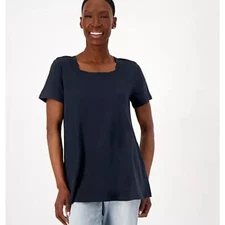 LOGO by Lori Goldstein Top ~ sz M Cotton Modal Square Neck Black A601167