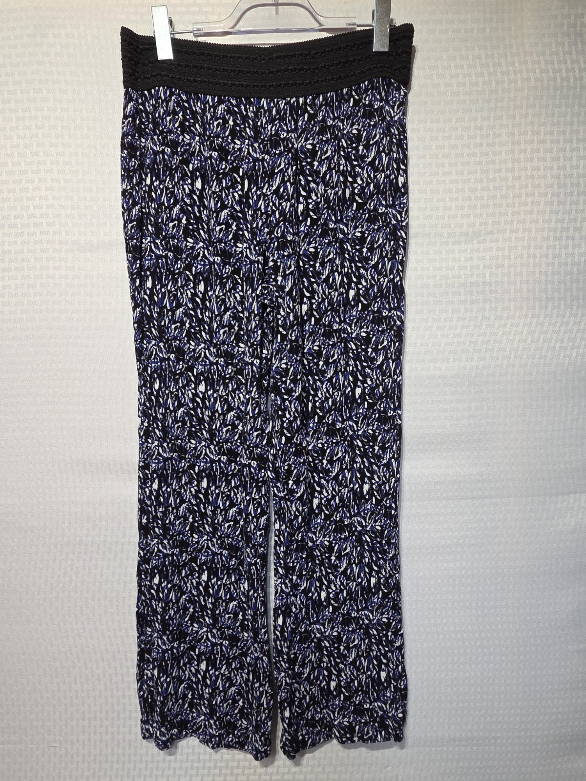 Robert Louis Women’s Wide Leg Pants L Black Blue Abstract Crinkle Stretch...