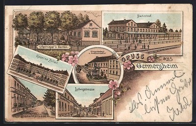 Lithographie Germersheim, Bahnhof, Ullermeyer´s Gasthaus zum Augarten, Kaserne  
