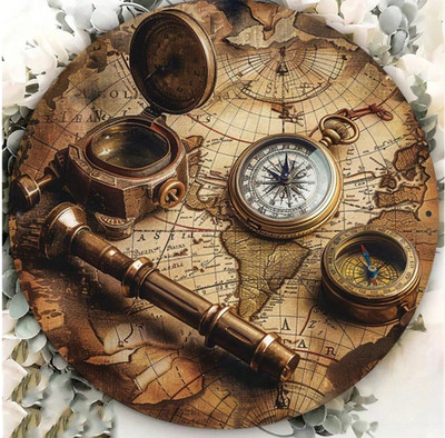 Vintage Nautical Compass Map Metal Sign Coastal Wall Decor 8'' Round Plaque