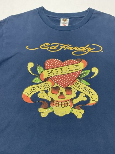 VTG Don Ed Hardy Rhinestone Skull Love Kills Slowly T Shirt XXL Y2K Tattoo USA - Picture 2 of 24
