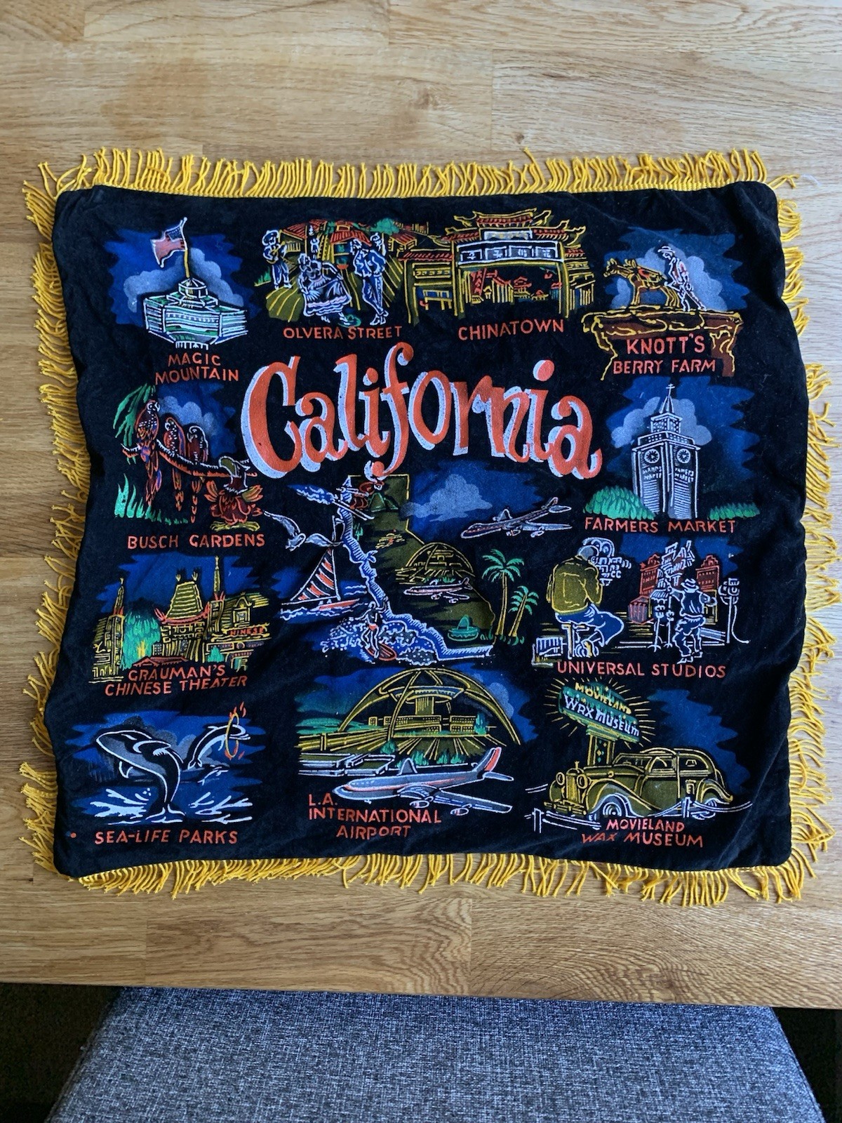 Souvenir Pillow Cover Black Velvet Vintage Rare 1960s Made In Japan California