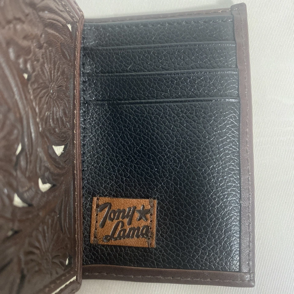 Tony Lama Hombre Cartera Triple en Cuero Marrón con Floral Foto 3 de 4