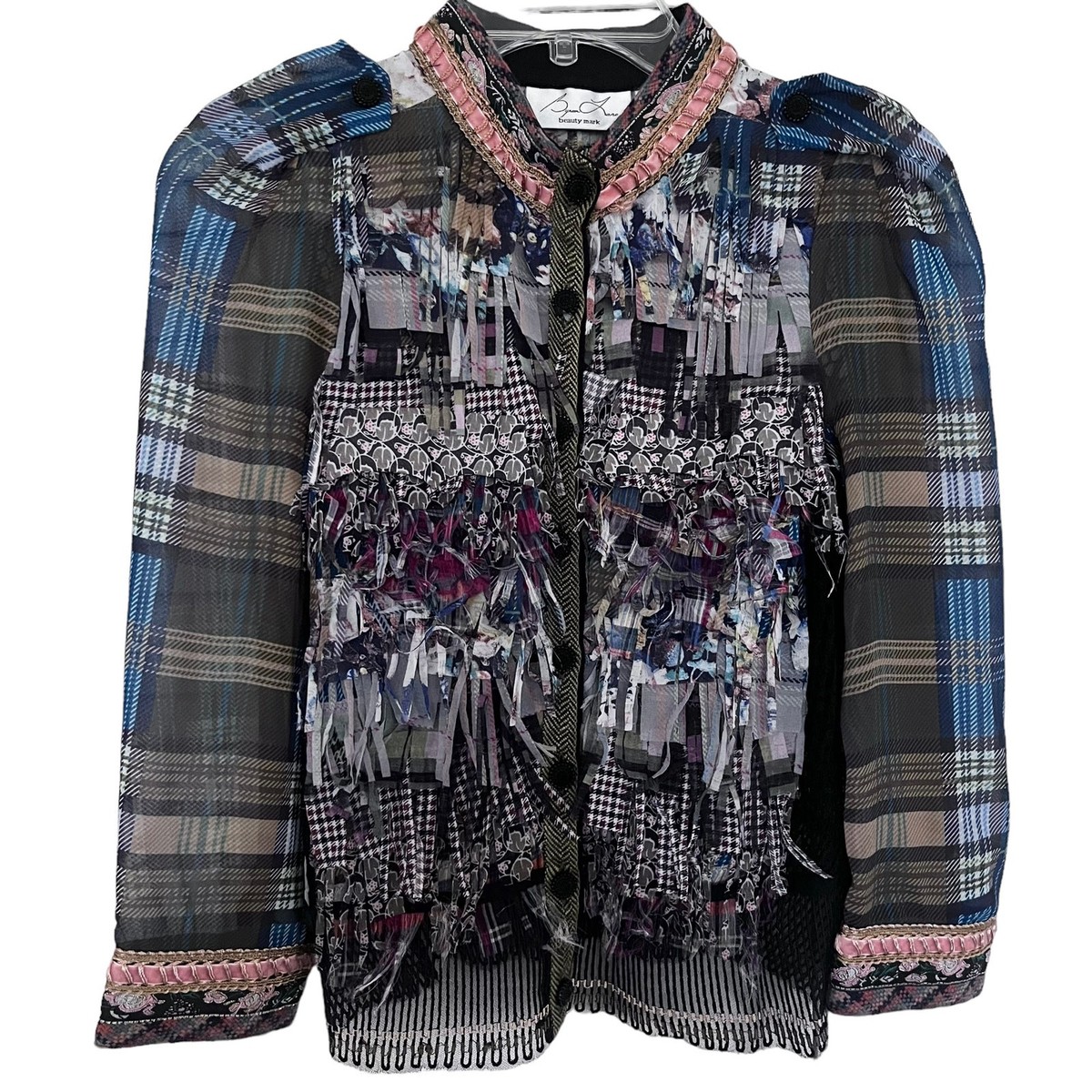 Byron Lars Beauty Mark Fringed Plaid Patchwork Lace Mixed Media