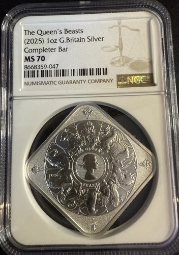 1 oz 2025 Queen’s Beasts Great Britain Silver COMPLETER Silver Bar NGC MS70