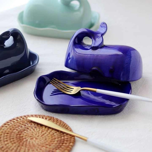 NEW Whale Shaped Butter Dish Iridescent Stoneware Nautical Navy Blue 6oz π³π§π - Picture 1 of 3