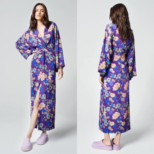 Smythe Purple Violet Floral Long Sleeve Twist V Neck Slit Midi Dress S