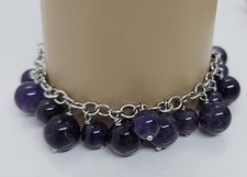 Purple Amethyst Charm Sterling Silver 925 Bracelet Marked NF 7.5"