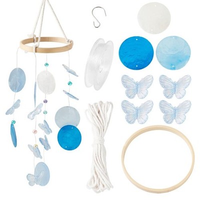 Blue Wind Chime Making Kits, Natural Capiz Shell Charms Acrylic Butterfly Pen...