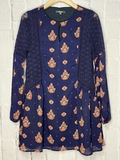 Miss Me Long Sleeve Boho Dress Blue Women's Size M Lace Accents Lined Top Button