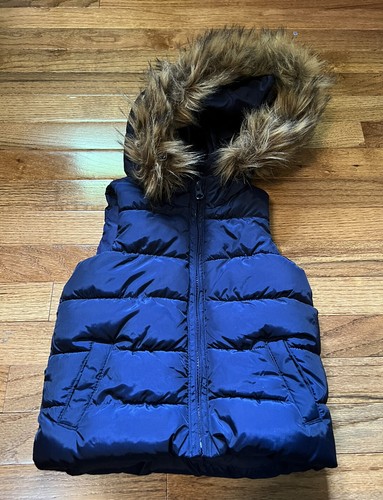 NEW - Baby GAP Girl's Navy Faux Fur Removable Hood Puffer VEST - Size 4T