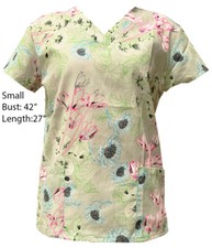 Women's Fashion Medical Nursing Scrub Tops Light Green Base Flowers Small