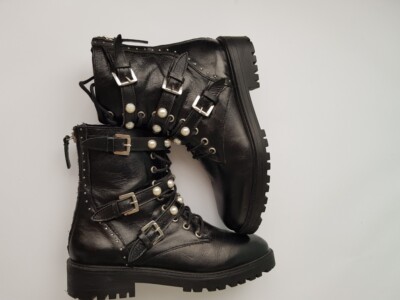 ZARA Leather Combat Biker Boots Moto Pearl Strap Boots Black