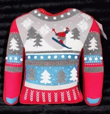 Cynthia Rowley Christmas Sweater Shape Throw Pillow 17" Ski Slopes Powder Winter