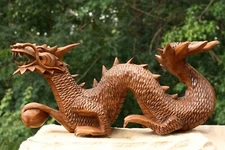 16" Wooden Hand Carved Crawling Dragon Handmade Sculpture Statue Decor Figurine