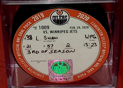 2019 - 2020 LOGAN SHAW GOAL PUCK OFFICIAL NHL GAME PUCK EDMONTON OILERS VS + COA - Picture 5 of 11