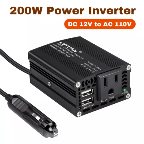 Car Auto 200W Power Inverter DC 12V to AC 110V 120V Converter With 2USB Black