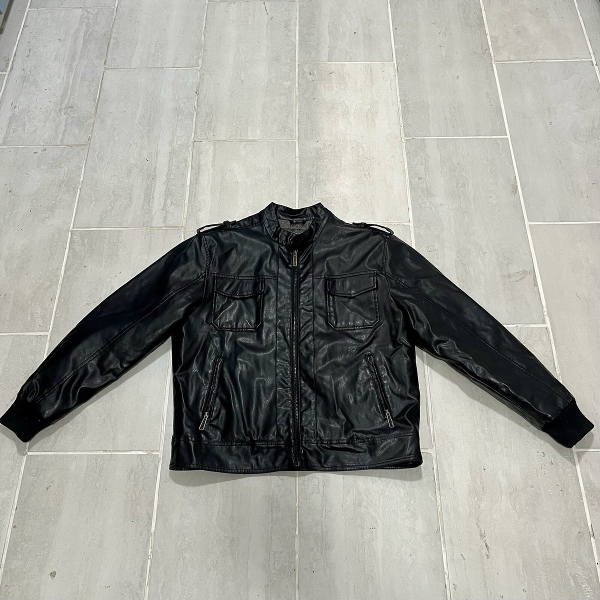 Whispering Smith Men Large Black Synthetic Leather Full Zip Bomber