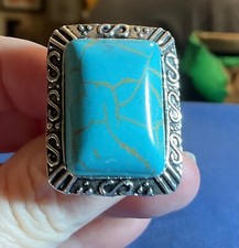 Beautiful Rectangular Tibetan Turquoise Blue Ring, Size 6 1/2, Silver Tone