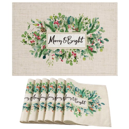 Set of 6 Christmas Eucalyptus Leaves Placemat Christmas Placemats Set 12 x 17...