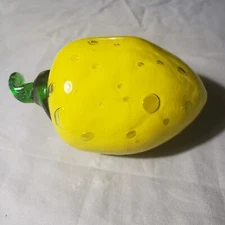Vintage Hand Blown Glass Fruit Clear and Yellow Lemon w Leaf Paperweight