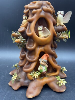 Vintage Tree Stump Sculpted Candle Owls Elf Gnome Foliage Unique 9'' Tall Candle