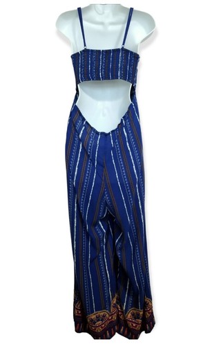 Flying Tomato Striped Boho Open Back Tie Front Jumpsuit Size S Blue Striped - Picture 6 of 9