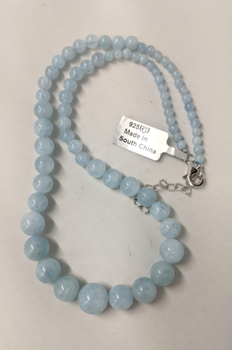 NEW Aquamarine Graduated Beaded Necklace in 925 Sterling Silver Gemporia - 35g - Picture 2 of 9