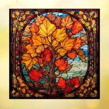 Fall Leaves  Tree Faux Stained-Glass WINDOW CLING Size 8" Vinyl