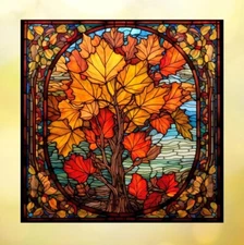 Fall Leaves & Tree Faux Stained-Glass WINDOW CLING Size 8" Vinyl
