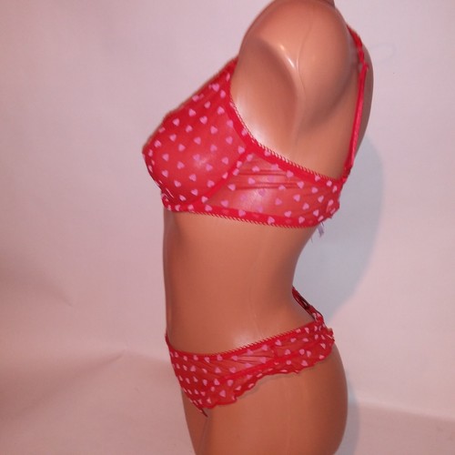 Victoria Secret Bra Set Unlined Demi High Leg Thong Red Pink Hearts Sheer Ruffle - Picture 10 of 16