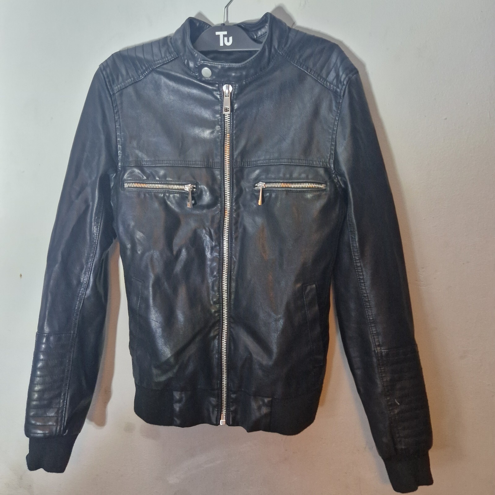 River Island Men's Black Faux Leather Short Quilted Patch Zip