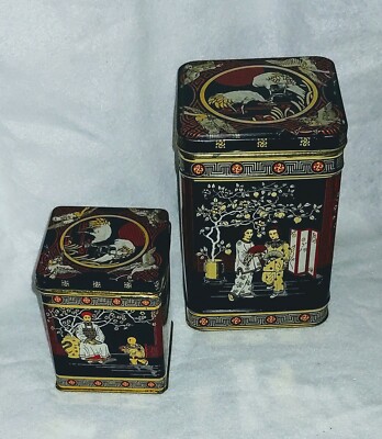 Set of 2 Vintage Harrod's Tea Tins Hinged Lids England Geisha Emperor Litho