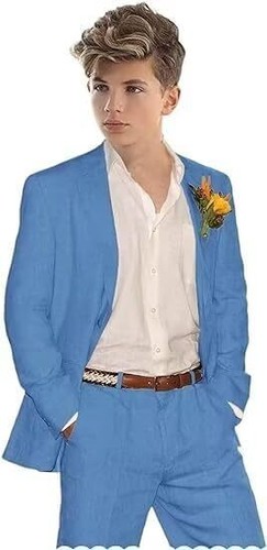 Linen Boys Suits Tuxedo Suit Set for Teen Kids Blazer Vest Pants 2 Pieces Beach - Picture 17 of 31