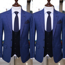 Checked Men's Suit Business Offical Jacket Evening Banquet 2Pcs Slim Fit