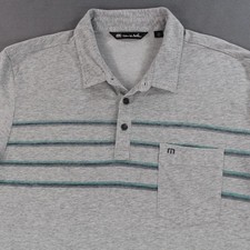 Travis Mathew Overboard Golf Polo Shirt Mens XXL Gray Blue Striped Cotton Poly