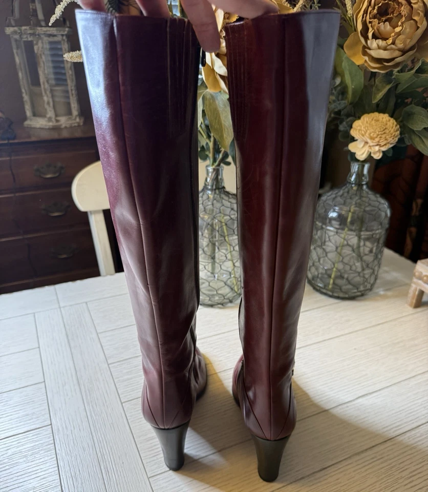 Andrew Geller Red Knee High Italian Leather 3.5” Heeled Boots Sz 10 M Side Zip - Image 4 of 4