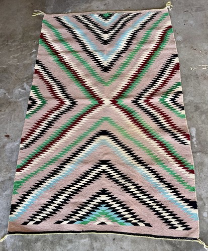 FABULOUS VINTAGE 1940s NAVAJO RARE AND FINE COLORFUL HANDMADE RUG 33” X 54”