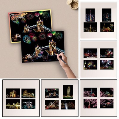 4X Kinder DIY Scratch Gem?lde Stadt Nachtansicht Geb?ude Zeichnungen lustige G