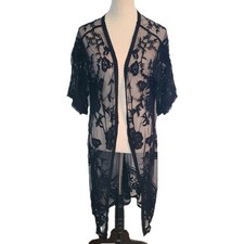 Ember Black Lace Duster Kimono XL Sheer Floral Boho Whimsigoth Festival Romantic