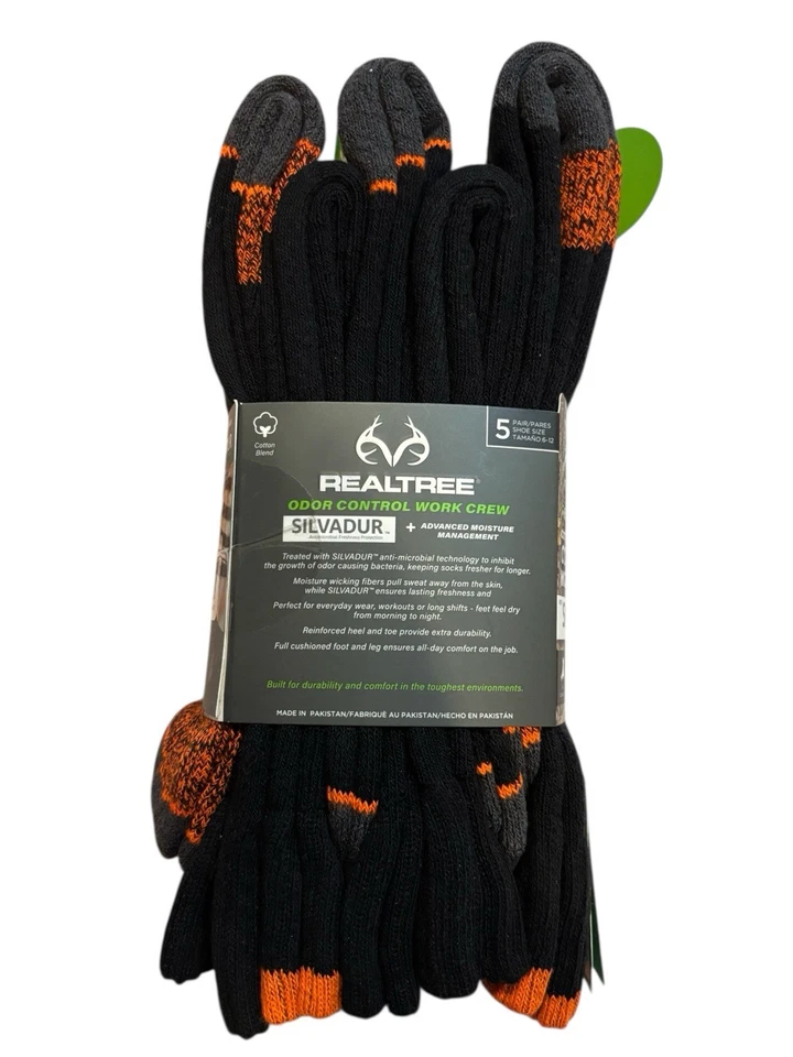 Realtree Work Crew Calcetines Negros Naranja Antiolor Humedad Paquete de 5 Ropa de Trabajo Nuevos Foto 2 de 4
