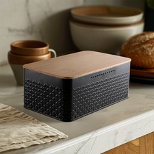 Image of Embossed Metal Bread Bin 2 in 1 Bamboo Lid Cutting Board, Breathable Storage Box