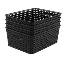 4 PCS Plastic Weave Storage Baskets Shelf Basket Bins Black Organization Box