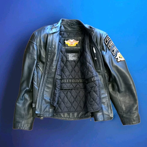 Harley Davidson Black Leather Touring Motorcycle Biker Jacket w/Lining & Patches - product listing photo